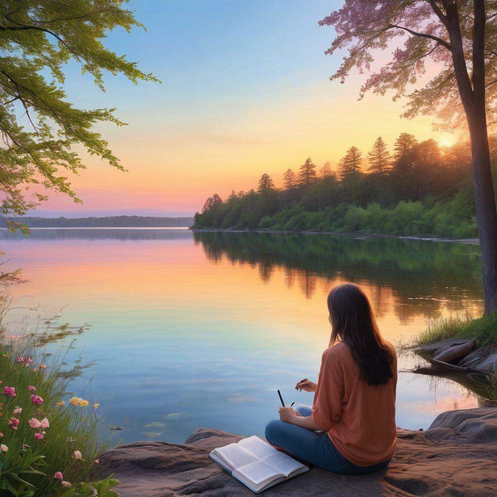 A tranquil morning scene featuring a person sitting cross-legged on a serene lakeshore, journaling their thoughts with a picturesque sunrise illuminating the sky in soft pastel colors. The water reflects the vibrant hues, with gentle ripples causing a peaceful ambiance. Surrounding nature, including lush trees and blooming flowers, enhances the sense of joy and reflection. super-realistic. vibrant colors. serene atmosphere.