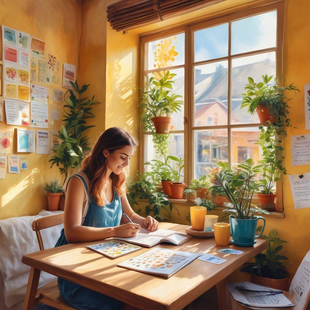 A vibrant scene depicting a person joyfully writing in a cozy café, surrounded by colorful plants and inspirational quotes on the walls. The atmosphere is infused with warmth, showcasing a steaming cup of tea and a laptop adorned with stickers. Sunlight beams through the window, casting a golden glow on the scene, symbolizing creativity and wellness. artistic style: watercolor illustration with a touch of whimsy. vibrant colors.