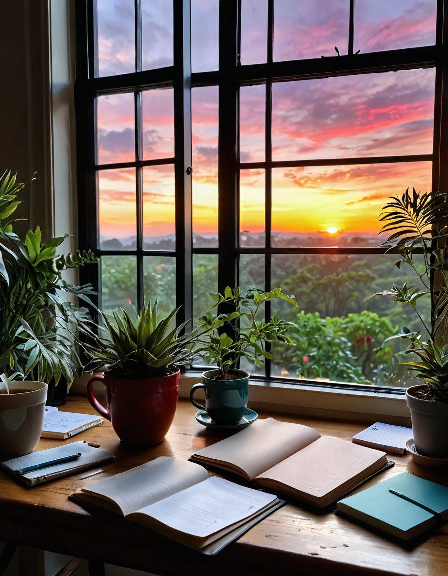 A serene workspace filled with vibrant notebooks and open journals, surrounded by plants and cozy lighting. Include a steaming cup of tea and colorful pens spread out to inspire creativity. In the background, a calming window view showcasing a bright sunrise, symbolizing new beginnings. The overall atmosphere should evoke warmth, positivity, and inspiration. super-realistic. vibrant colors. cozy ambiance.